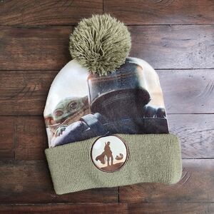 The Mandalorian Graphic Olive Green Pom-Pom Beanie Unisex Star Wars Grogu Casual